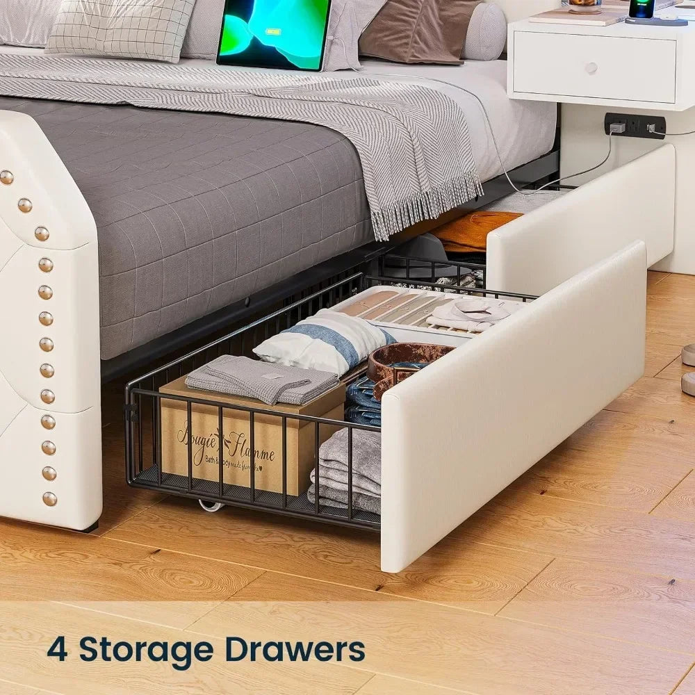 Queen Size Bed Frame With 4 Storage Drawers