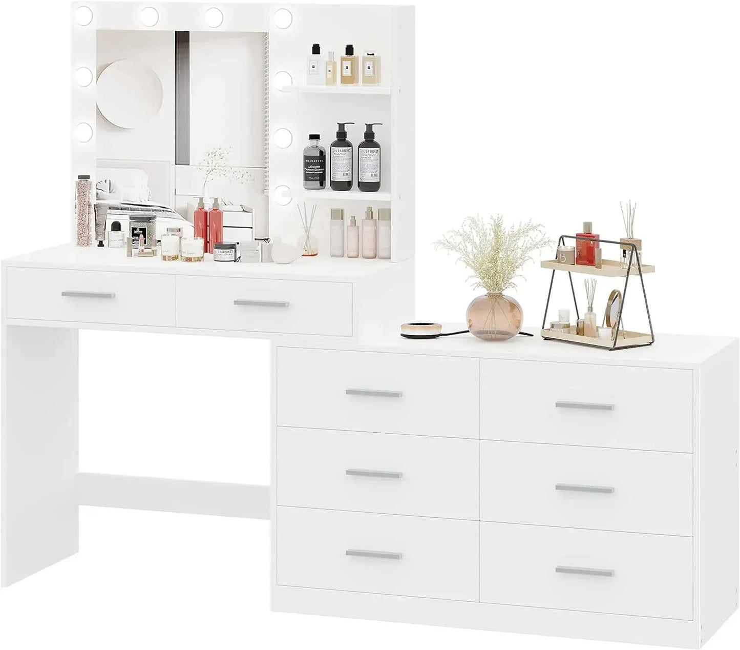 8 Drawers Vanity Table with Side Storage Shelf